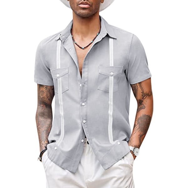 Mænds Kortærmet Cuban Guayabera Skjorte, Afslappet Strand Knappeskjortes GRAY 2XL