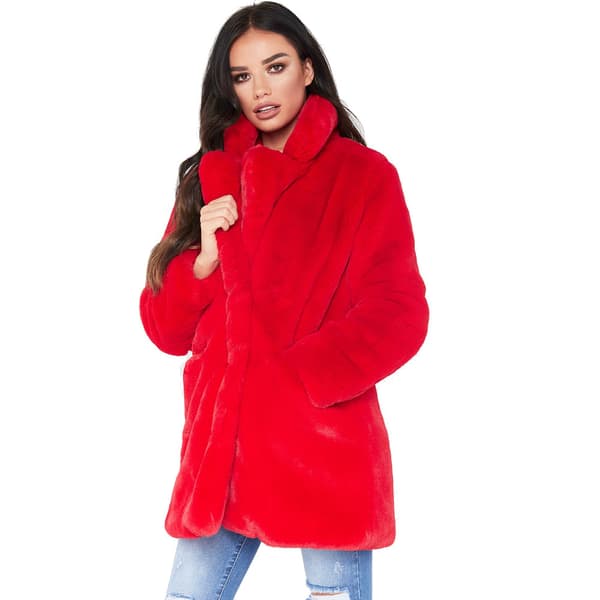 Varm vinterjacka för kvinnor med fuskpälskrage, innerfoder och knappar Red 2XL