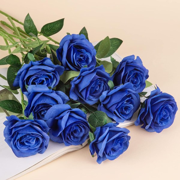 10 stk. Kunstige Rose Blomster Lange Stilk Falske Silke Roser Dark Blue