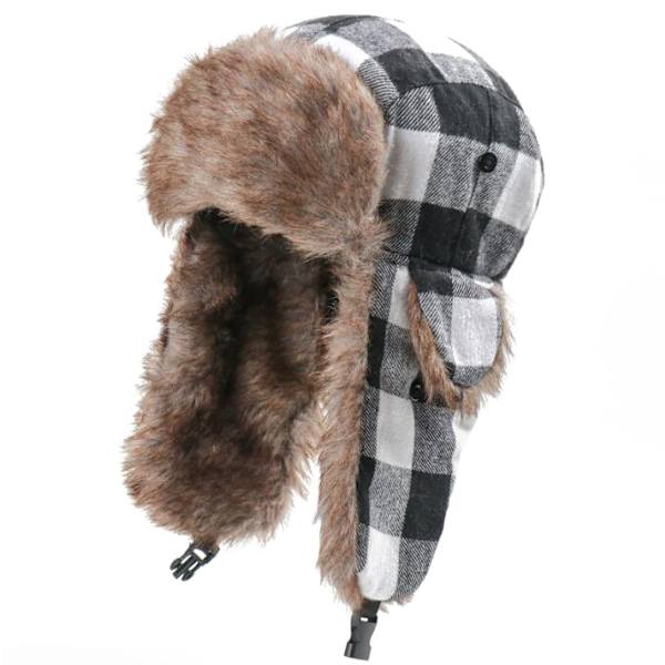 Rutig Aviator Fur Trapper Hat för kvinnor män black white