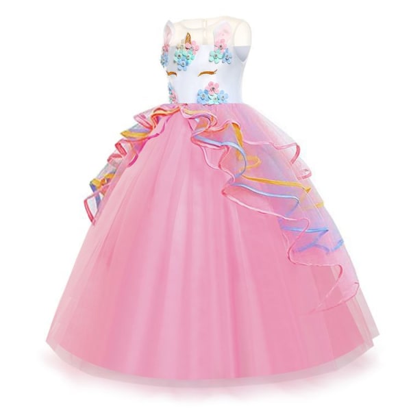 Flower Girls Dress Unicorn Rainbow Pageant Princess Party Pink 130cm