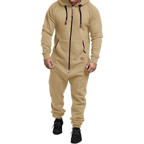 Männs Huvad Jumpsuit Zip Up En-Del Pyjamas Playsuit Beige XL