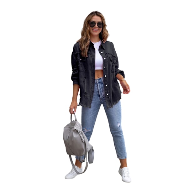 Dame Langærmet Denim Rippet Casual Lapeljakke Black M
