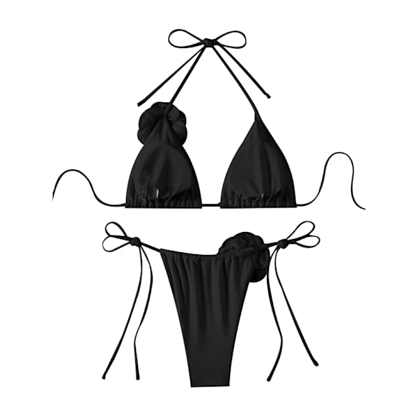 Dam 2-delad 3D Ros Bikini Baddräkt Hög Midja Badkläder Strandkläder black M