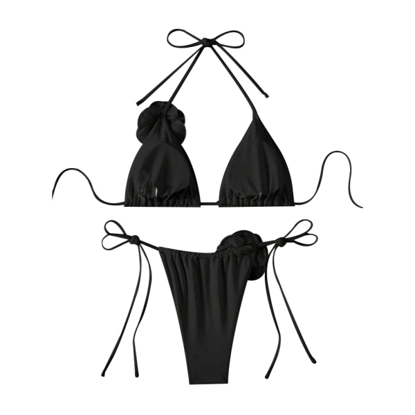 Dam 2-delad 3D Ros Bikini Baddräkt Hög Midja Badkläder Strandkläder black S