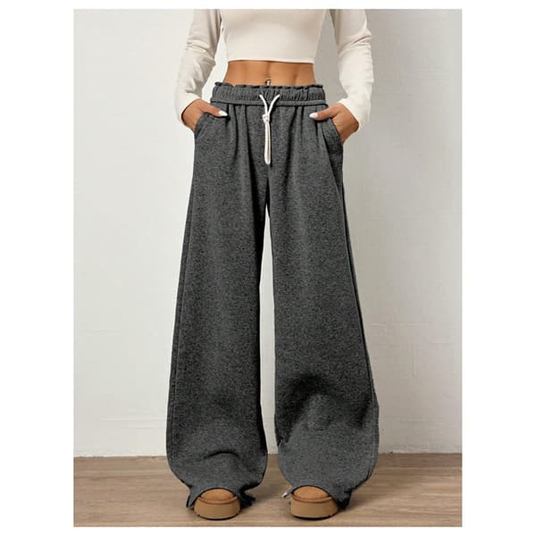 Brede sweatpants for kvinner, høy midje, rette ben, snøring, elastisk midje Dark Grey L
