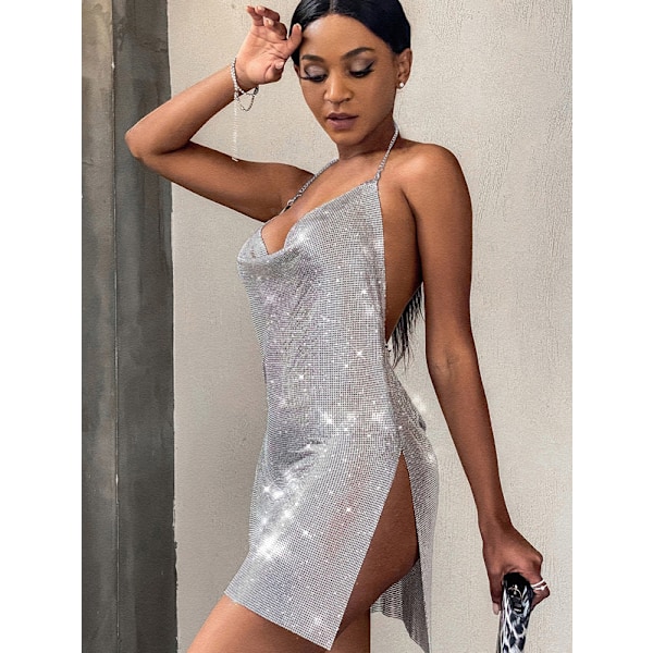 Kvinnors Sekvenshalsband Bodycon Miniklänning Split Hem Rygglös Sexig Kort Klänning Silver L