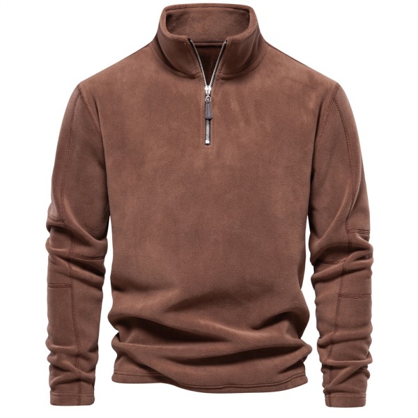 Mænds Kvart Zip Fleece Sherpa Trøje Langærmet Sweatshirt med Lommer Brown 2XL