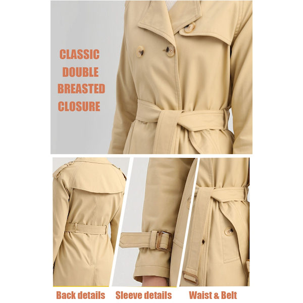 Dame Trenchcoat Lang Dobbeltbrystet Efterårsmode Klassisk Lapel Slank Overfrakke khaki S