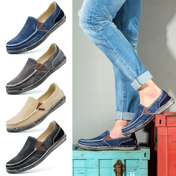 Mænds Casual Klud Sko Canvas Slip On Loafers Fritid Vintage Flat Båd Sko KHAKI 41