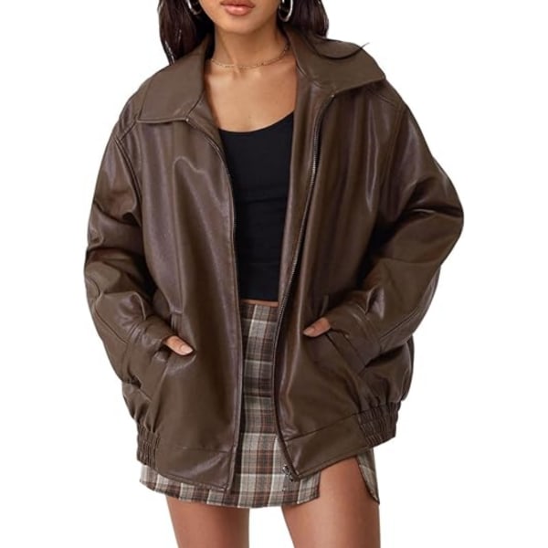 Oversized Jakke for Kvinner, Kunstlær Motorsykkel Plus Size Moto Biker Jakke Brown L