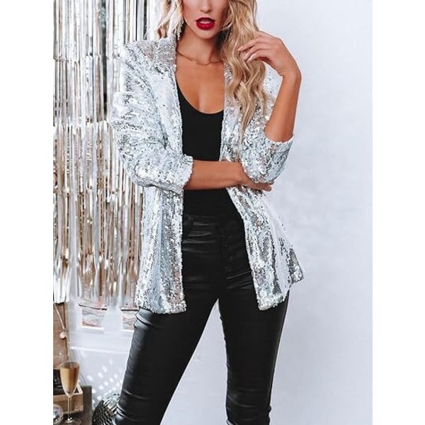 Kvinders Sequin Jakke Glitter Glimmer Åben Front Casual Langærmet Blazer Frakke Sliver L