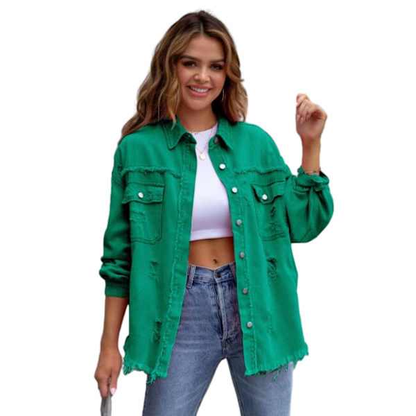 Mid-længde Hul Løstsiddende Denimjakke Kvinde Green M