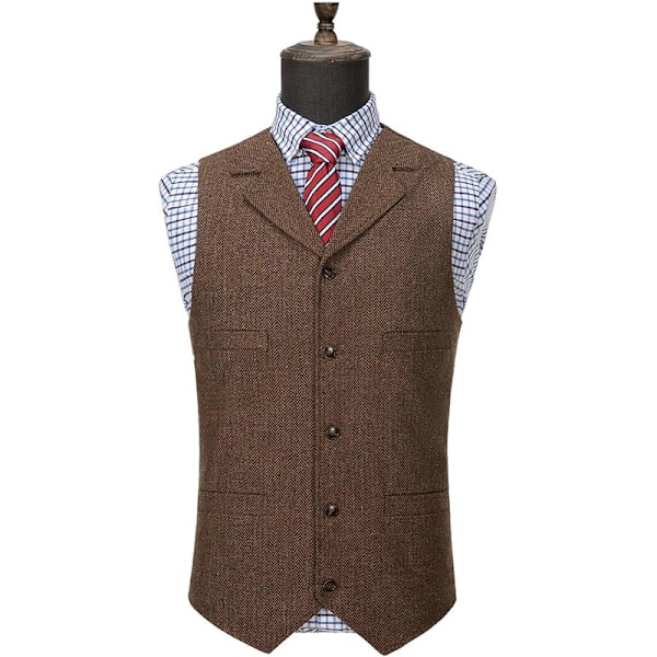 Herre Vest Veste Tweed Retro V-Hals Ull Herringbone for Prom Brown L