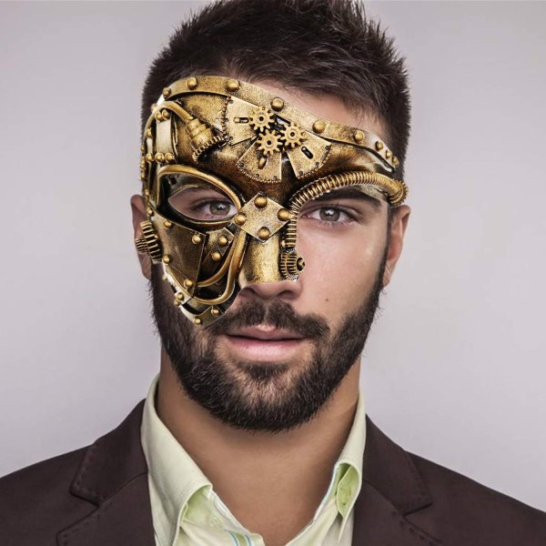 Steampunk Metall Cyborg Venetiansk Maske, Maskerademaske til Halloween gold