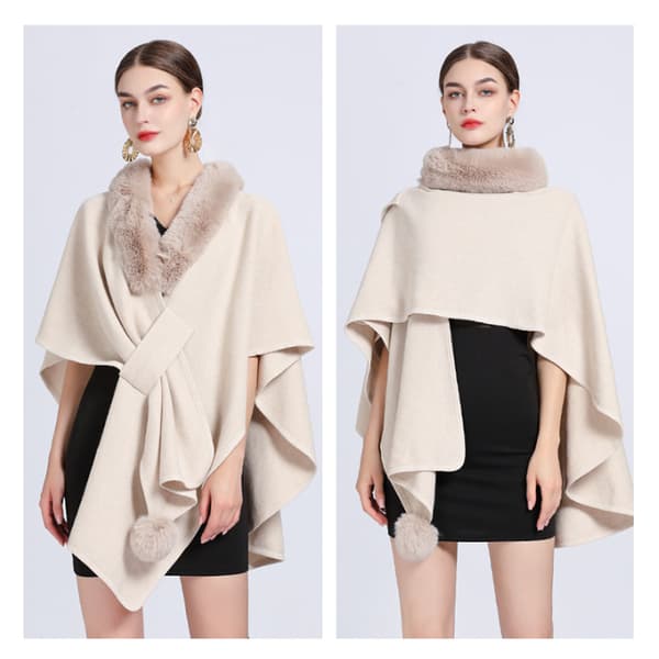 Faux Fur Trim Cardigan Kappe Sjal til Efterår Vinter Beige