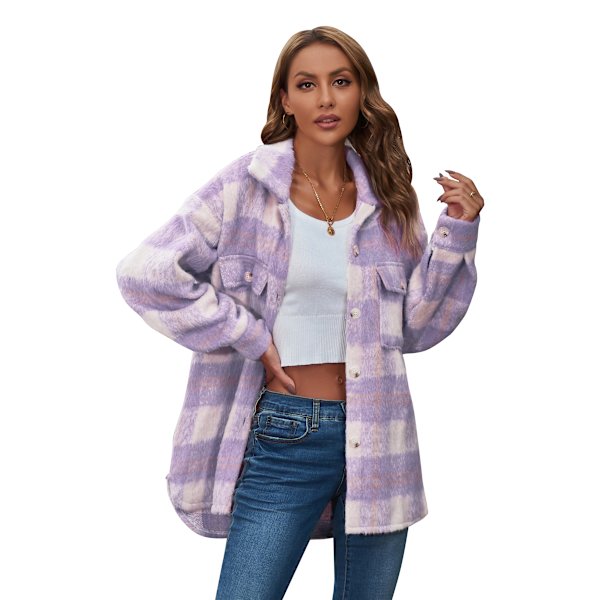 Dametøj Langærmet Casual Plaid Shacket Jakker Skjorter Lapel Tweed Peacoat Purple XL