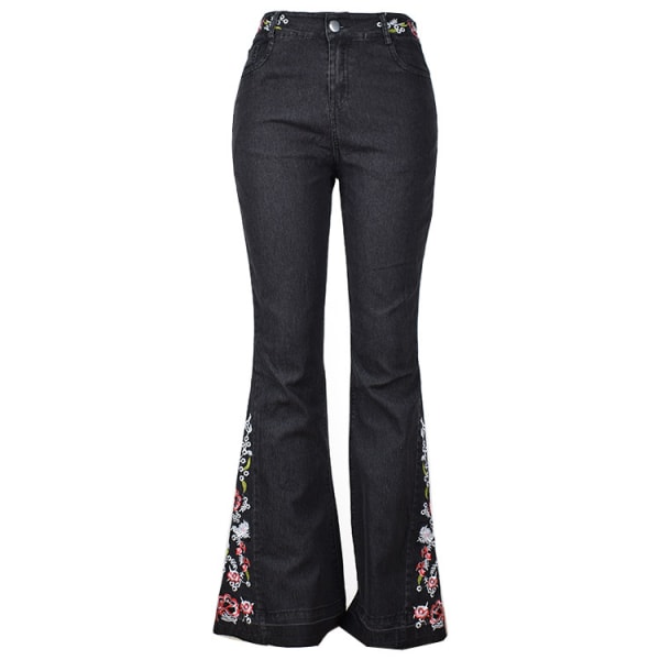 Damblommiga broderade Bell Bottom Flare Jeans black L