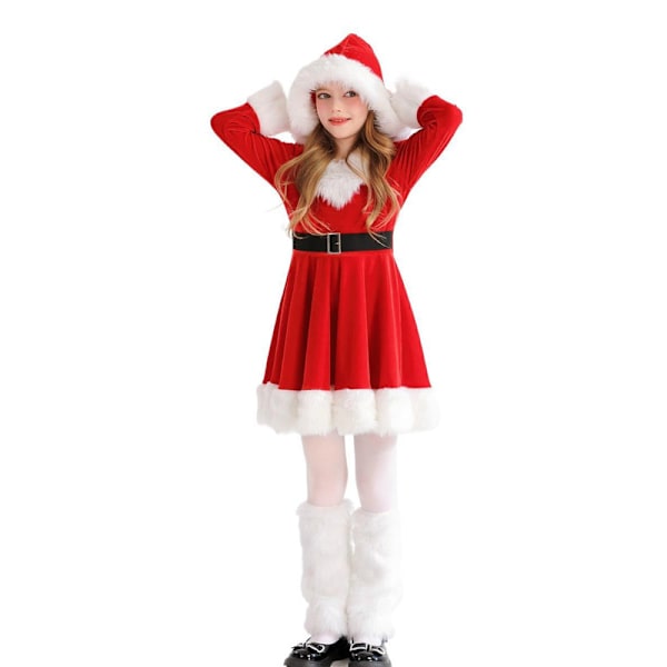 Flickor Mrs. Santa Claus Kostym Röd Klänning Juldräkter 130cm