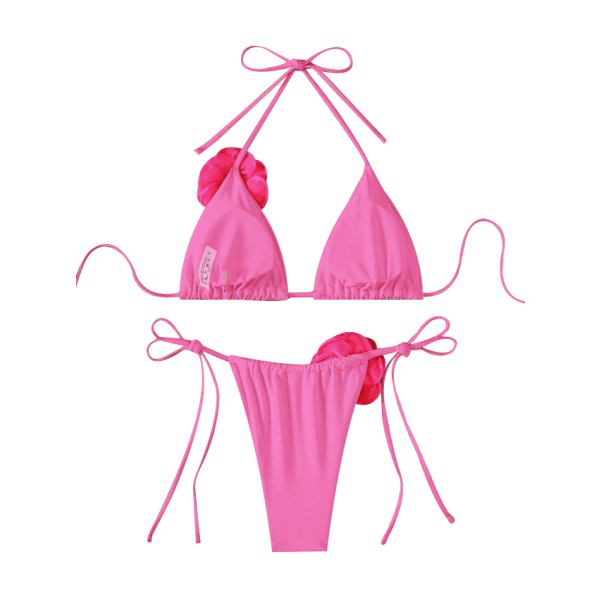 Damer 2-delad 3D Rose Bikini Baddräkt med hög midja Baddräkt Strandkläder pink L