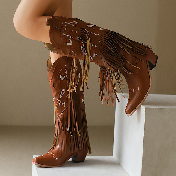Naisten Cowboy-saappaat Polven Korkuiset Franssit Saappaat Tupsu Western Saappaat Brown 40