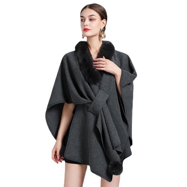 Faux Fur Trim Cardigan Kappe Sjal til Efterår Vinter Grey