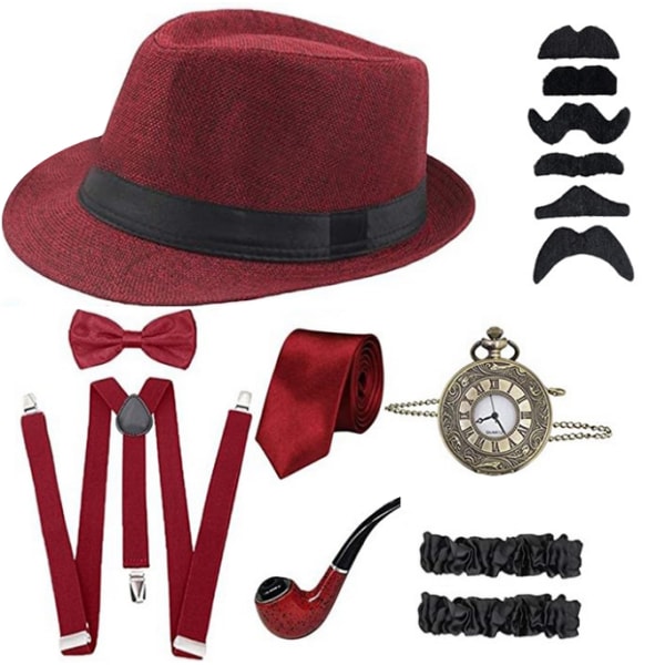 Herrtillbehör från 1920-talet Fedora Gangster Hat Kostym red