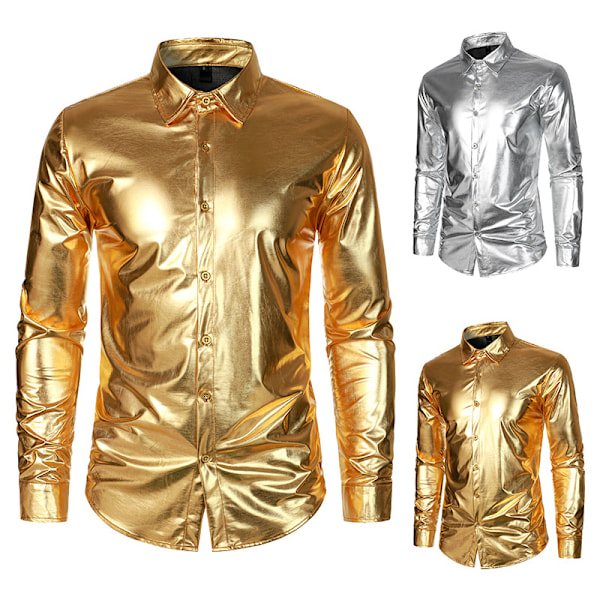 Miesten Luksus Kiiltävä Silkkimainen Satiini Napitettu Pukeutumispaita Gold 2XL