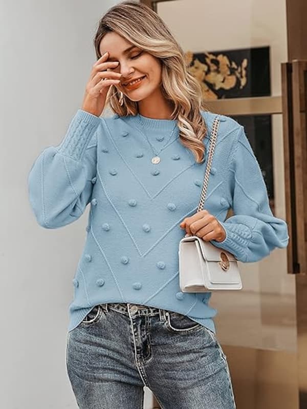 Stickad Tröja för Kvinnor med Pompom och Lanternärm Blue M