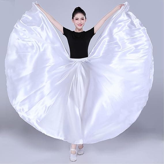 Dam Satin Full Cirkel Ankellång Swing Lång Kjol Magdansdräkt White 85cm