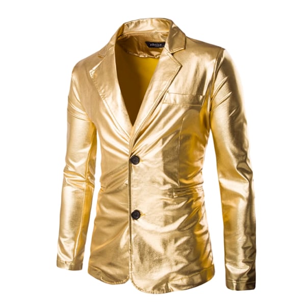 Herreblazer med hakket revers, 2 knapper, blank sportsjakke til prom Golden L