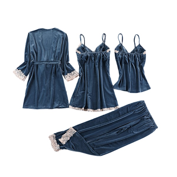 Damernas Sammetspyjamas Set 4-delars Lingeri Blommig Spets Cami Nattkläder med Kappan 2XL
