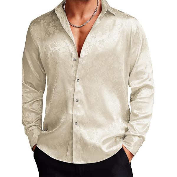 Miesten Silk Satin -puvupaidat Jacquard pitkähihaiset kukkakuvioiset paidat white M