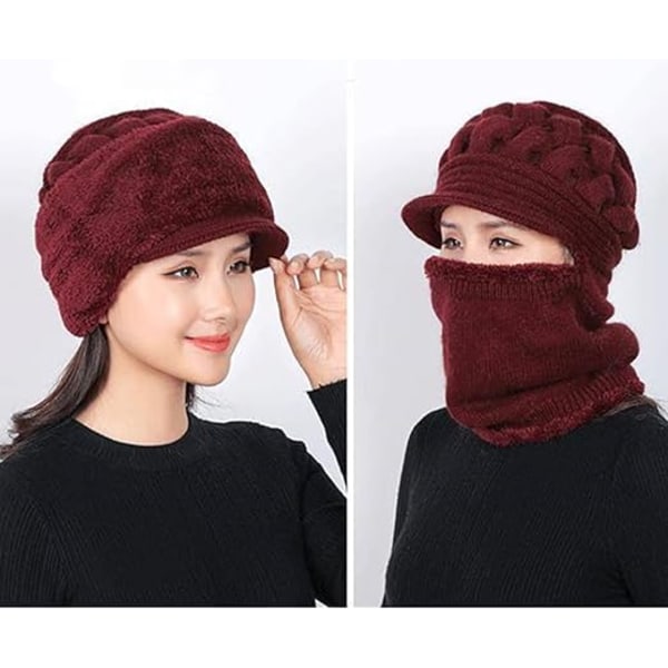 Fleeceforet Beanie Hat til Kvinder Vinterhat Halsklæde Maske Sæt Burgundy