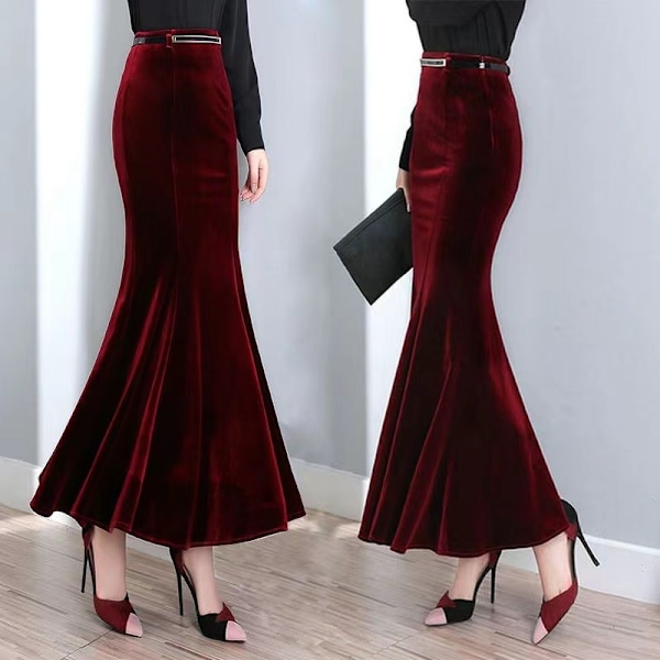 Kvinnors Högmidjade Bodycon Sammet Fiskstjärts-Sjöjungfrukjol Wine Red 3XL