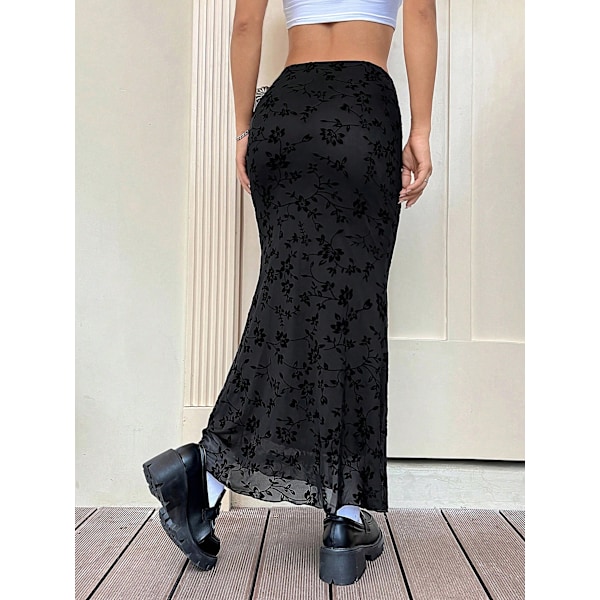 Lettuce Trim Hög Midja Mesh Fishtail Bodycon Lång Kjol för Dam black M