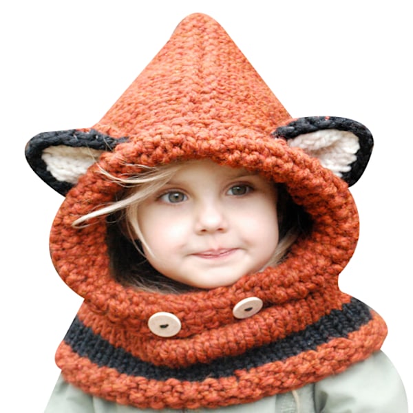Barn Vinter Stickad Huva Scarf Beanies Cartoon Cap orange M