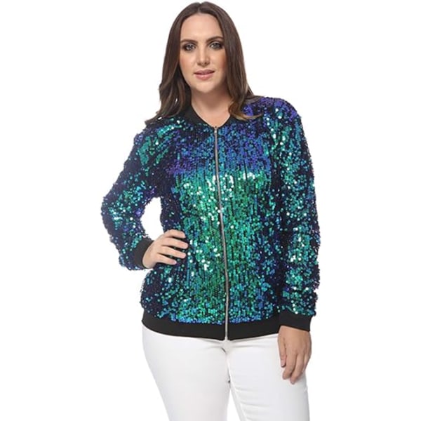 Kvinners Sequin Fitted Lang Ermet Glidelås Blazer Bomberjakke Green L