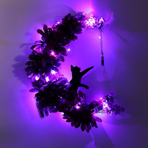 Halloween Halvmånekrans med Lys, Sort Måneblomst og Kattekrans Style 4