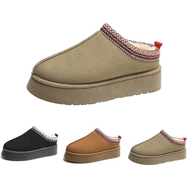 Damtofflor Vinterplattform Mini Stövlar Kort Päls Fleecefodrade Inomhustofflor Khaki 41