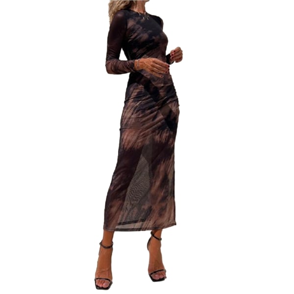 Sexiga långärmade långärmade långa klänningar med printed för kvinnor Black L