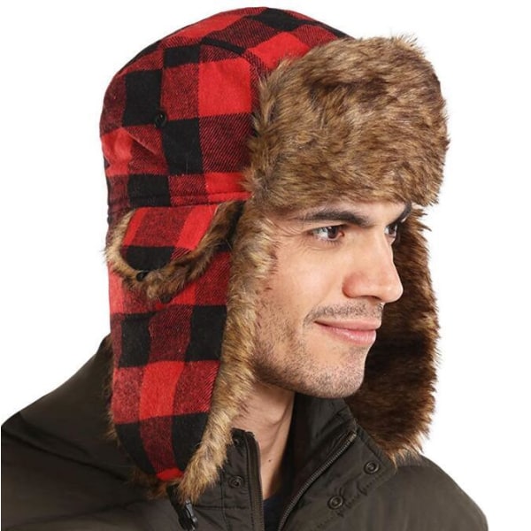 Rutig Aviator Fur Trapper Hat för kvinnor män red2