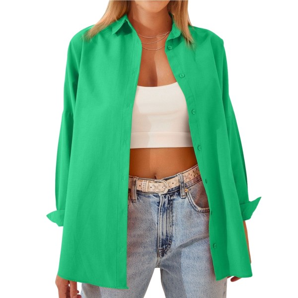 Enfärgad långärmad bomullsskjorta för kvinnor Green L