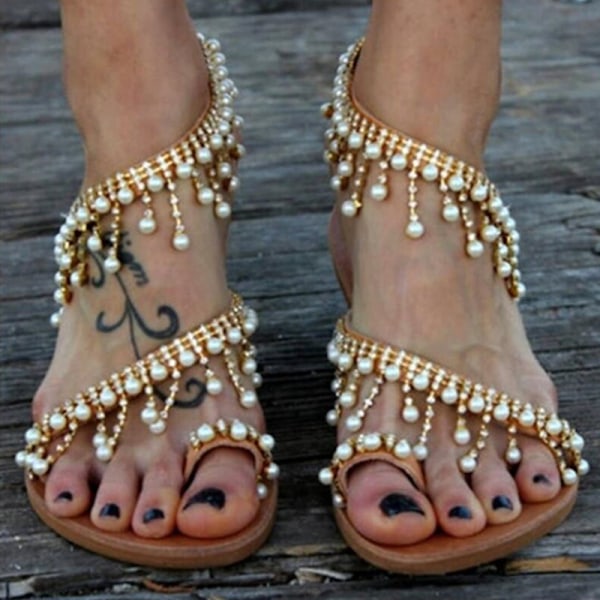 Bröllopssandaler med Strass och Pärlor - Platta Sandaler 39