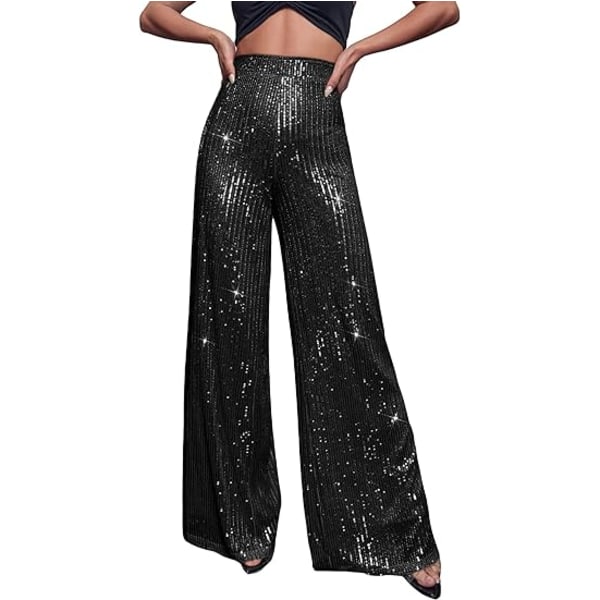 Kvinders Sequin Højtaljede Brede Ben Party Clubwear Lange Bukser Black S