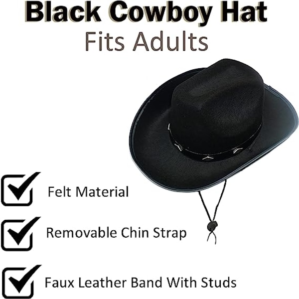 Cowboyhatt for menn og kvinner - Filt med nagler, svart cowgirlhatt Black