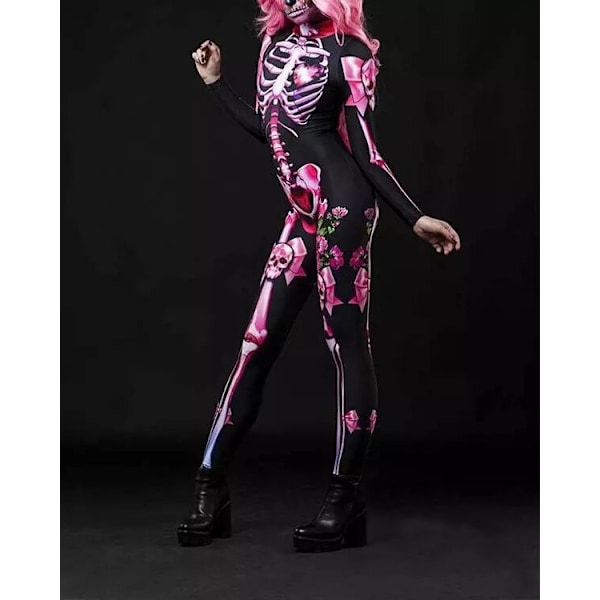 Halloween-kostyme for kvinner med hodeskalletrykk, langærmet jumpsuit Adult-Pink S