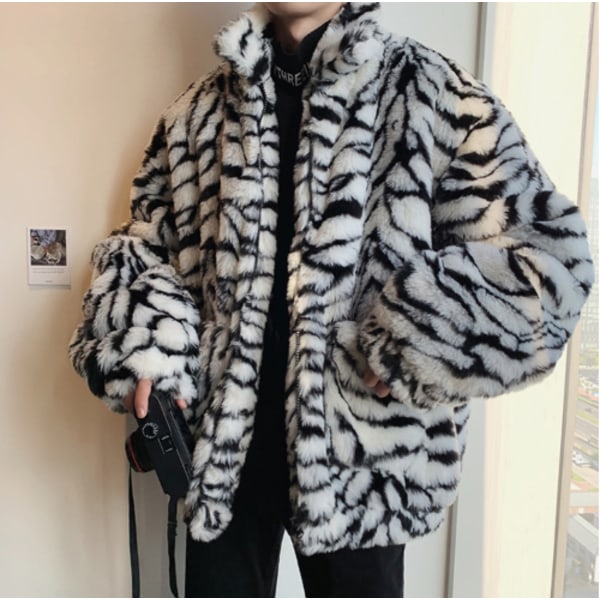 Mænds Vinter Kunstpelsjakke Tiger Print Oversize Yderbeklædning White M
