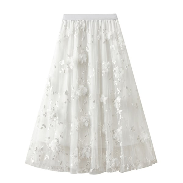 Dame Blomstret Midi Skørt Højtaljet A-Linje Sød Lagdelt Fe Mesh Tulle Plettet Skørt White