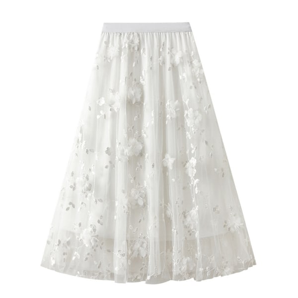 Damkjol Midi-kjol med Blommor Hög Midja A-linje Söt Lagerad Fe-Mesh Tulle Plisserad Kjole White